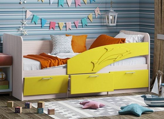 Кровать "Дельфин" (фасад 3D) 1800 мм (Правый) - Цвет: Ясень Шимо светлый/Лимон матовый
