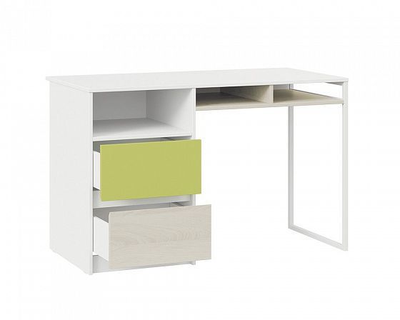 Стол письменный с ящиками с накладкой "Сканди"  - В раскрытом виде, цвет: Белый/Дуб Гарден/Зеленый