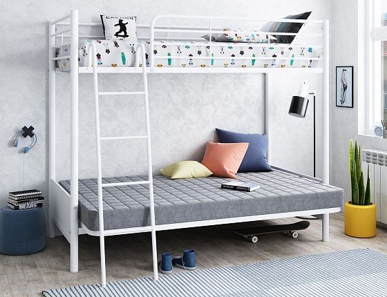 Кровать двухъярусная с диваном "Мадлен-2" (Серый велюр) - В разложенном виде, цвет: Серый