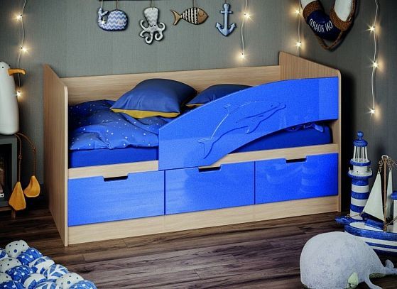 Кровать "Дельфин-6" МДФ 1600 мм (Правый) - Цвет: Ясень Шимо светлый/Темно-синий металлик