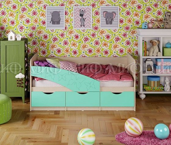 Кровать "Бабочки" 1,6*0,8 м (МДФ матовый) - Цвет фасадов: Бирюза матовая